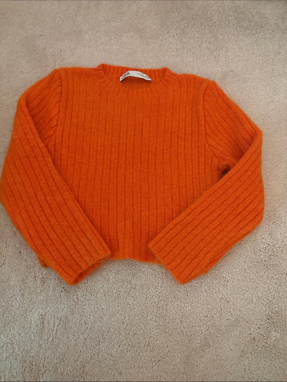 Zara Orange Ribbed Crewneck Cropped Sweater -  Women